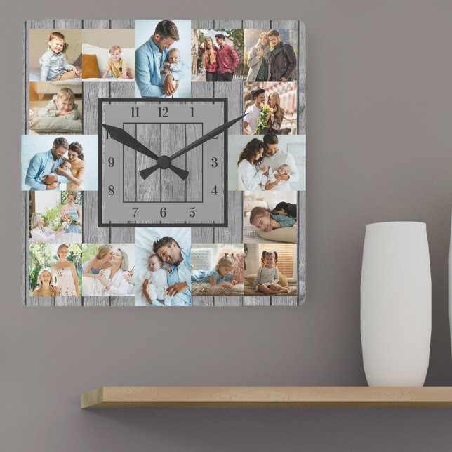 Photo Collage 16 Picture Grey Wood Numbered Square Wall Clock (Photo clock holding 16 photos with larger pics at the quarter hours)