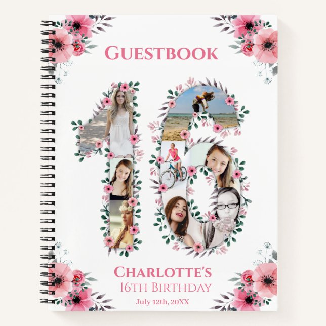 Photo Collage 16th Birthday Pink Flower Guest Book (Front)