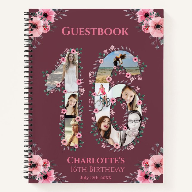 Photo Collage 16th Birthday Pink Flower Guest Book (Front)