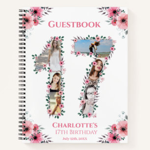 Photo Collage 17th Birthday Pink Flower Guest Book