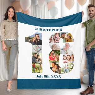 Photo Collage 18th Birthday Blue White Picture Fleece Blanket