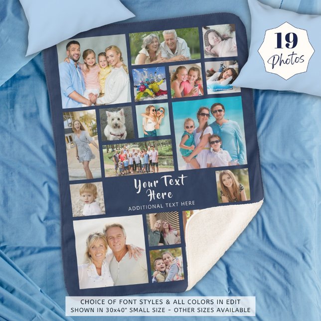 Photo Collage 19 Photos Brush Script Navy Blue Sherpa Blanket (Creator Uploaded)