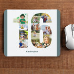 Photo Collage 1th Birthday Number 16 Personalized Mouse Mat<br><div class="desc">Create your own personalized mouse pad for a unique 16th birthday gift. The number 16 photo collage is on a white background with tranquil teal (blue green grey) borders. The design includes up to 11 different photographs - in different shapes and sizes - to give you the plenty of flexibility...</div>