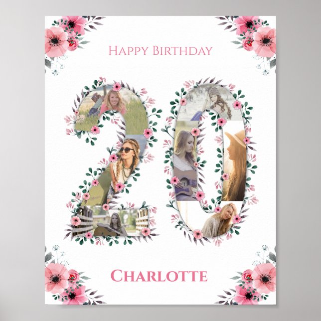 Photo Collage 20th Birthday Girl Pink Flower White Poster (Front)