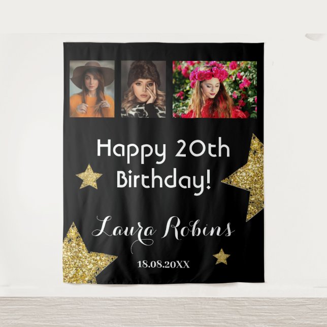 Photo Collage 20th Birthday Party Gold Backdrop Tapestry (Front)