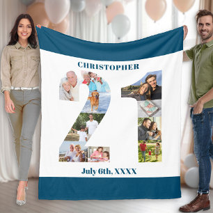 Photo Collage 21st Birthday Blue White Picture Fleece Blanket