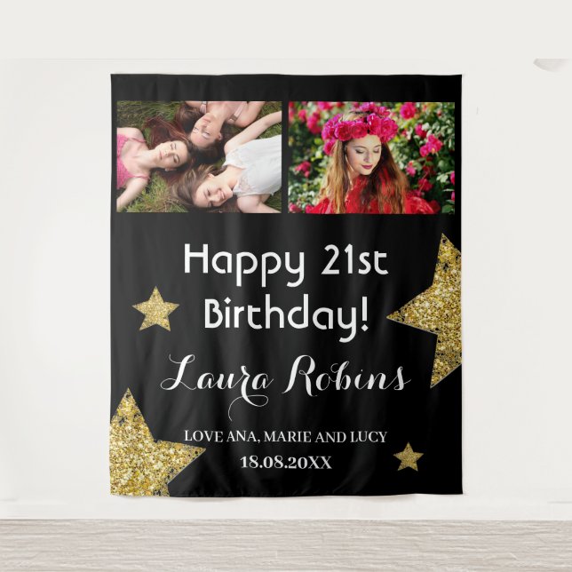 Photo Collage 21st Birthday Party Backdrop Tapestry (Front)