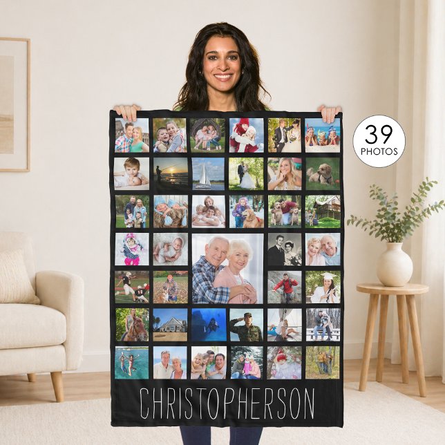Photo Collage 39 Pics Editable Color Personalized Fleece Blanket (Creator Uploaded)