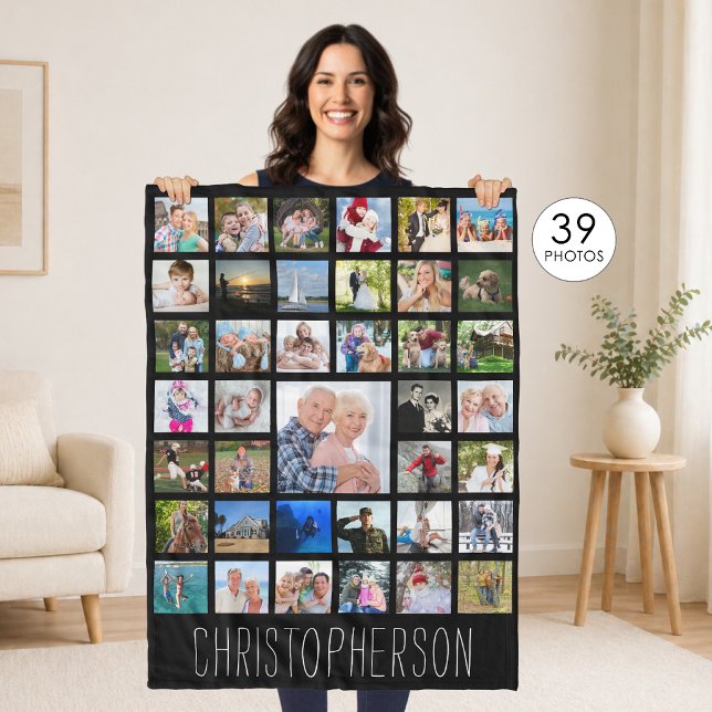 Photo Collage 39 Pics Editable Color Personalized Fleece Blanket (Creator Uploaded)