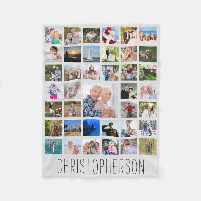 Photo Collage 39 Pics Editable Grey Personalised Fleece Blanket (Front)