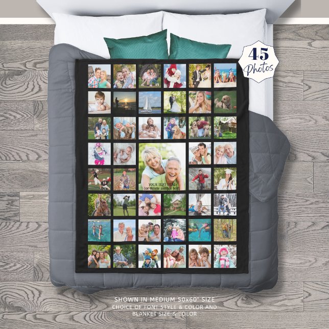 Photo Collage 45 Photo Template Custom Text Black Fleece Blanket (Creator Uploaded)