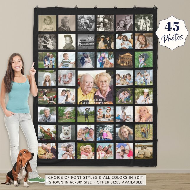 Photo Collage 45 Photo Template Personalised Black Fleece Blanket (Creator Uploaded)