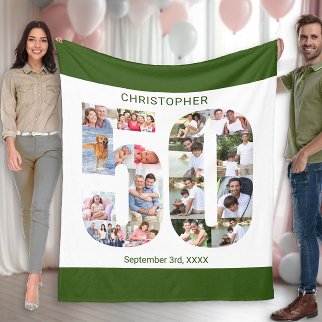 Photo Collage 50th Birthday Green White Picture Fleece Blanket (Creator Uploaded)