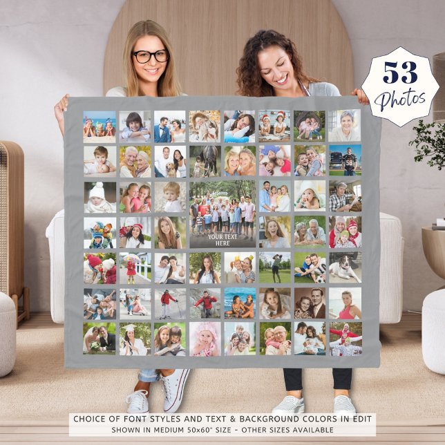 Photo Collage 53 Photos Personalised Editable Grey Fleece Blanket (Creator Uploaded)