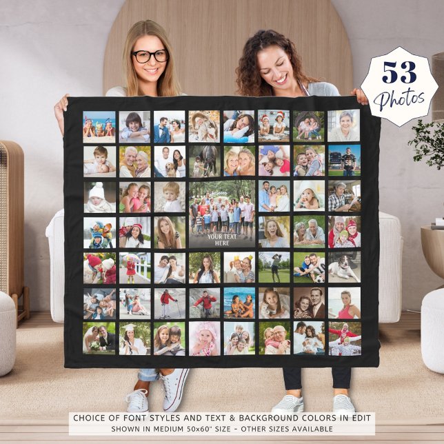 Photo Collage 53 Photos Personalized Black Fleece Blanket (Creator Uploaded)