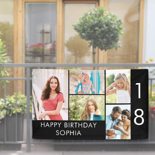 Photo Collage 5 Picture Black White 18th Birthday Banner