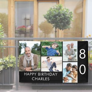 Photo Collage 5 Picture Black White 80th Birthday Banner