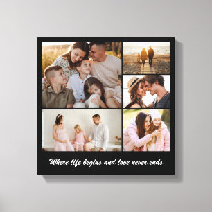 Photo Collage 5 Picture Grid Custom Square Black Canvas Print