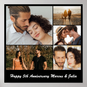 Photo Collage 5 Picture Grid Custom Square Black Poster