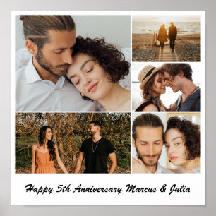 Photo Collage 5 Picture Grid Custom Square White Poster