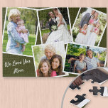 Photo Collage 5 Pictures We Love You Mum - Green Jigsaw Puzzle<br><div class="desc">Personalised jigsaw puzzle - add 5 of your favourite photos and your custom text. The design features a photo collage of 5 pictures, each with a white frame. The photos are on a dark green background and your custom wording is lettered in neat script typography. The sample wording reads "we...</div>