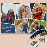 Photo Collage 5 Pictures We Love You Nana - Blue Jigsaw Puzzle<br><div class="desc">Personalised jigsaw puzzle - add 5 of your favourite photos and your custom text. The design features a photo collage of 5 pictures, each with a white frame. The photos are on a dark blue background and your custom wording is lettered in neat script typography. The sample wording reads "we...</div>