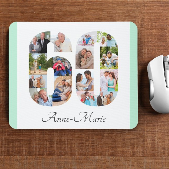 Photo Collage 60th Birthday Number 60 Mint Mouse Mat (Creator Uploaded)