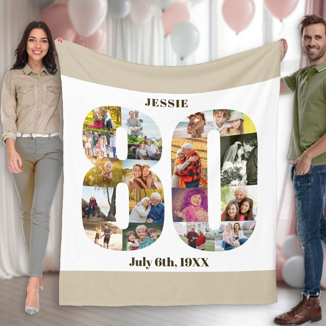 Photo Collage 80th Birthday Neutral Beige Picture Fleece Blanket (Creator Uploaded)