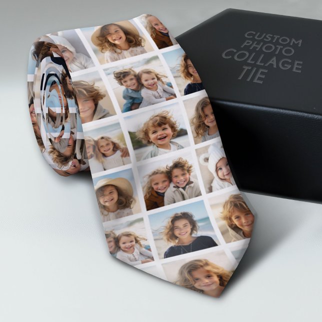 Photo Collage - 9 Pictures in a Grid - White Tie (Custom Photo Collage Tie - Create Your Own Look)