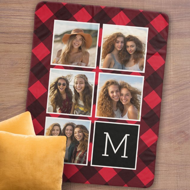 Photo Collage and Monogram Red Black Buffalo Plaid Sherpa Blanket (Personalized sherpa blanket with photos and text)
