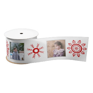 Photo collage and red snowflakes Christmas holiday Satin Ribbon