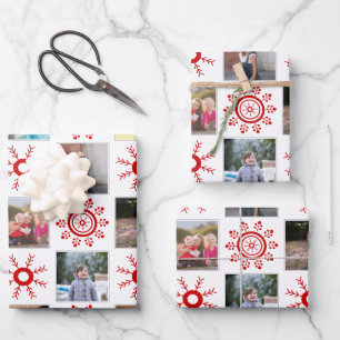 Photo collage and red snowflakes Christmas holiday Wrapping Paper Sheet
