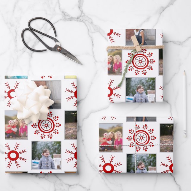 Photo collage and red snowflakes Christmas holiday Wrapping Paper Sheet (Front)
