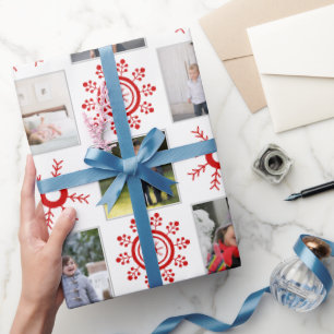 Photo collage and red snowflakes Christmas Wrapping Paper