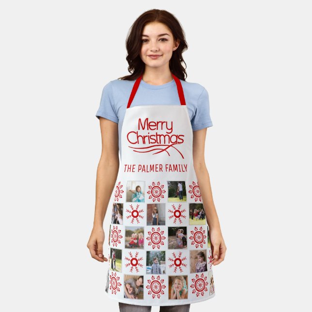 Photo collage and red snowflakes Merry Christmas Apron (Worn)