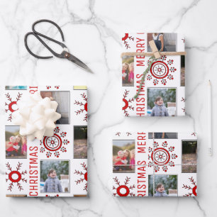 Photo collage and red snowflakes Merry Christmas  Wrapping Paper Sheet