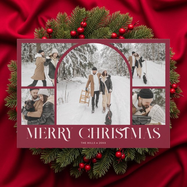 Photo Collage Arch Merry Christmas Vintage Holiday Card (Creator Uploaded)