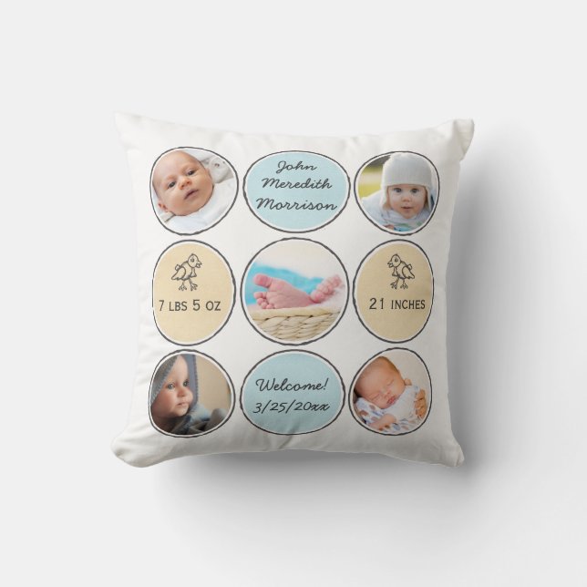 Photo Collage Baby Boy Name, birth stats and duck Cushion (Front)