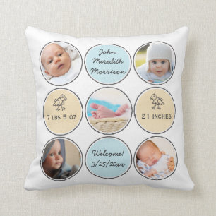 Photo Collage Baby Boy Name, birth stats and duck Cushion