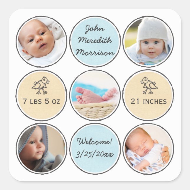 Photo Collage Baby Boy Name, birth stats and duck Square Sticker (Front)