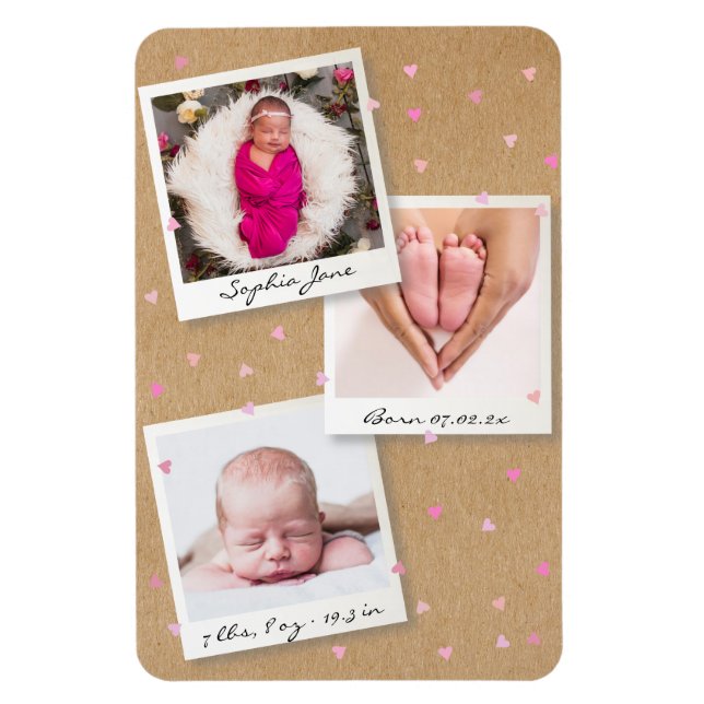 Photo Collage Baby Girl Birth Stats Announcement Magnet (Vertical)