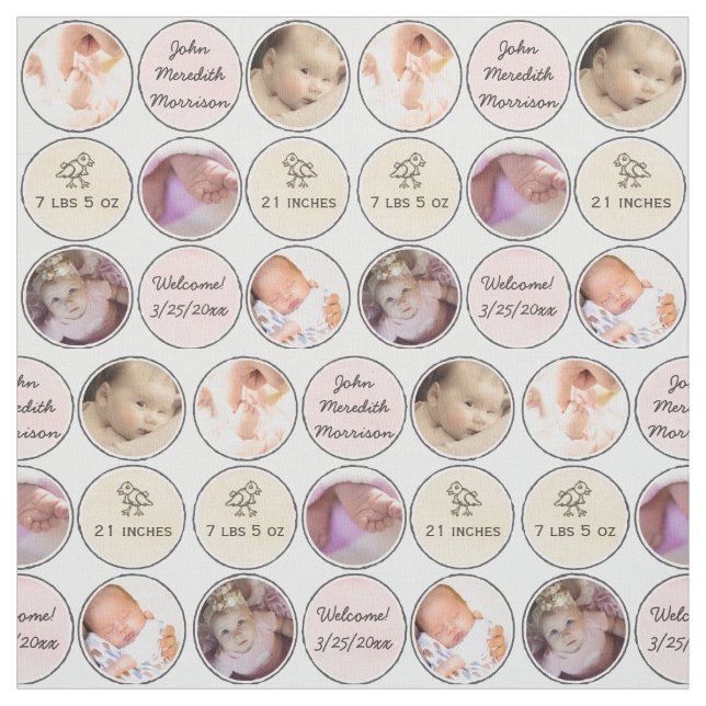 Photo Collage Baby Girl Name, birth stats and duck Fabric (Swatch)