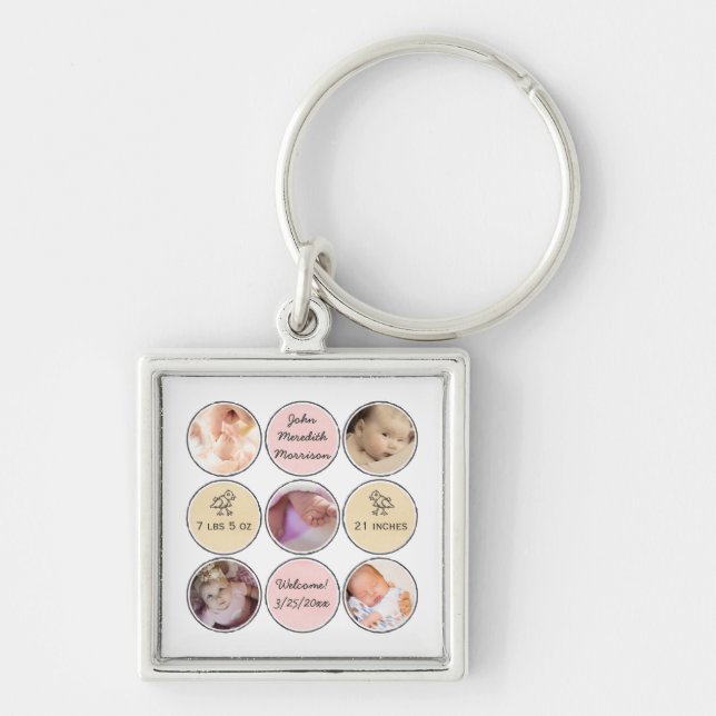 Photo Collage Baby Girl Name, birth stats and duck Key Ring (Front)