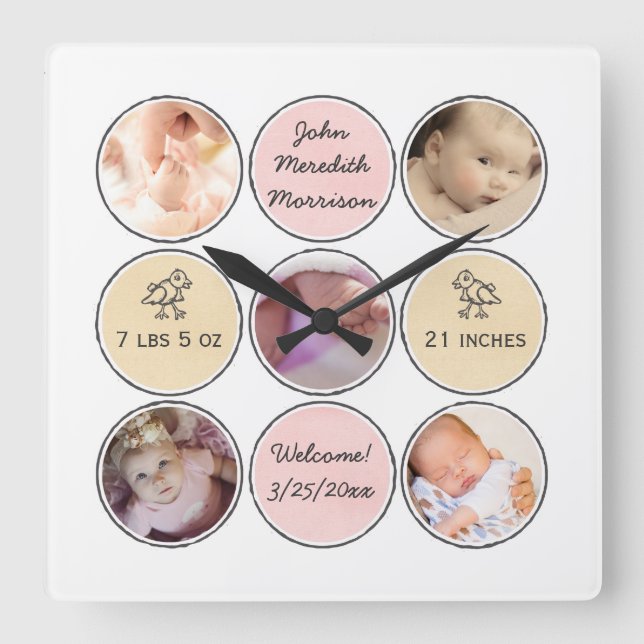 Photo Collage Baby Girl Name, birth stats and duck Square Wall Clock (Front)
