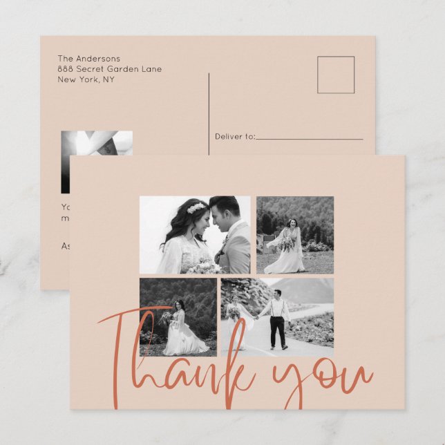 Photo Collage Beige Elegant Wedding Thank You Postcard (Front/Back)