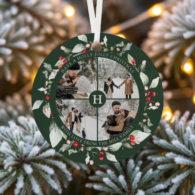 Photo Collage Berry Jolly Christmas Green Metal Tree Decoration (Creator Uploaded)