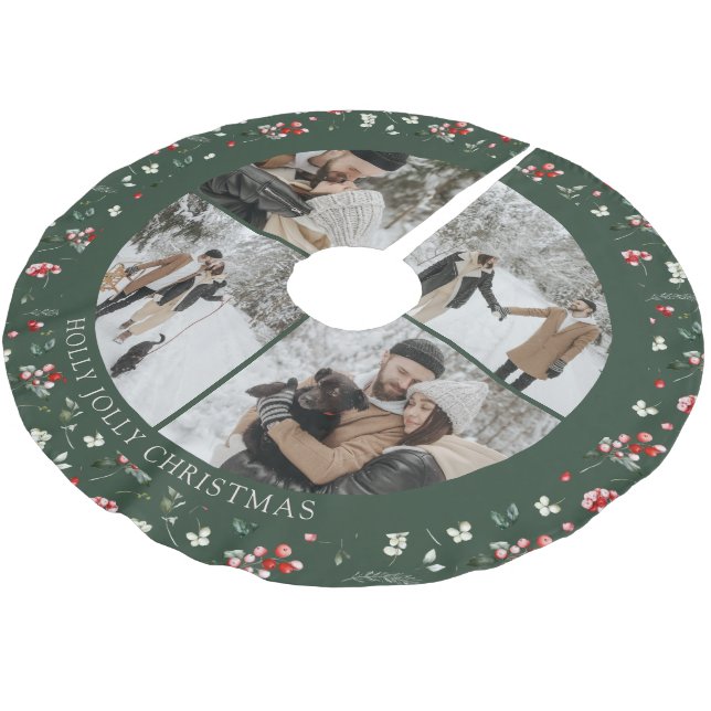 Photo Collage Berry Pattern Green Brushed Polyester Tree Skirt (Angled)