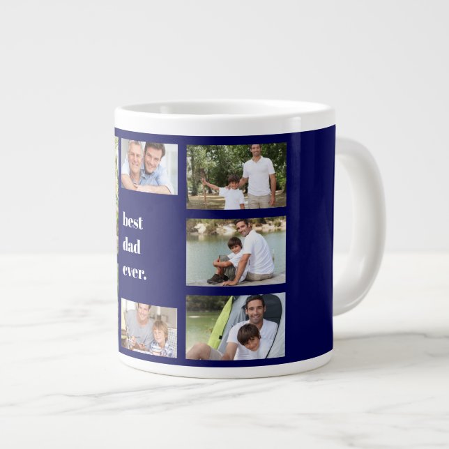 Photo Collage Best Dad Ever Navy Blue and White Large Coffee Mug (Front Right)