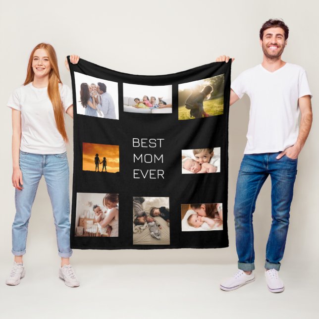 Photo Collage Best Mum Ever Black Fleece Blanket (In Situ)