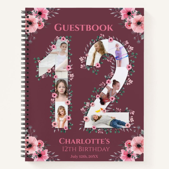 Photo Collage Big 12th Birthday Girl Pink Flower Notebook (Front)